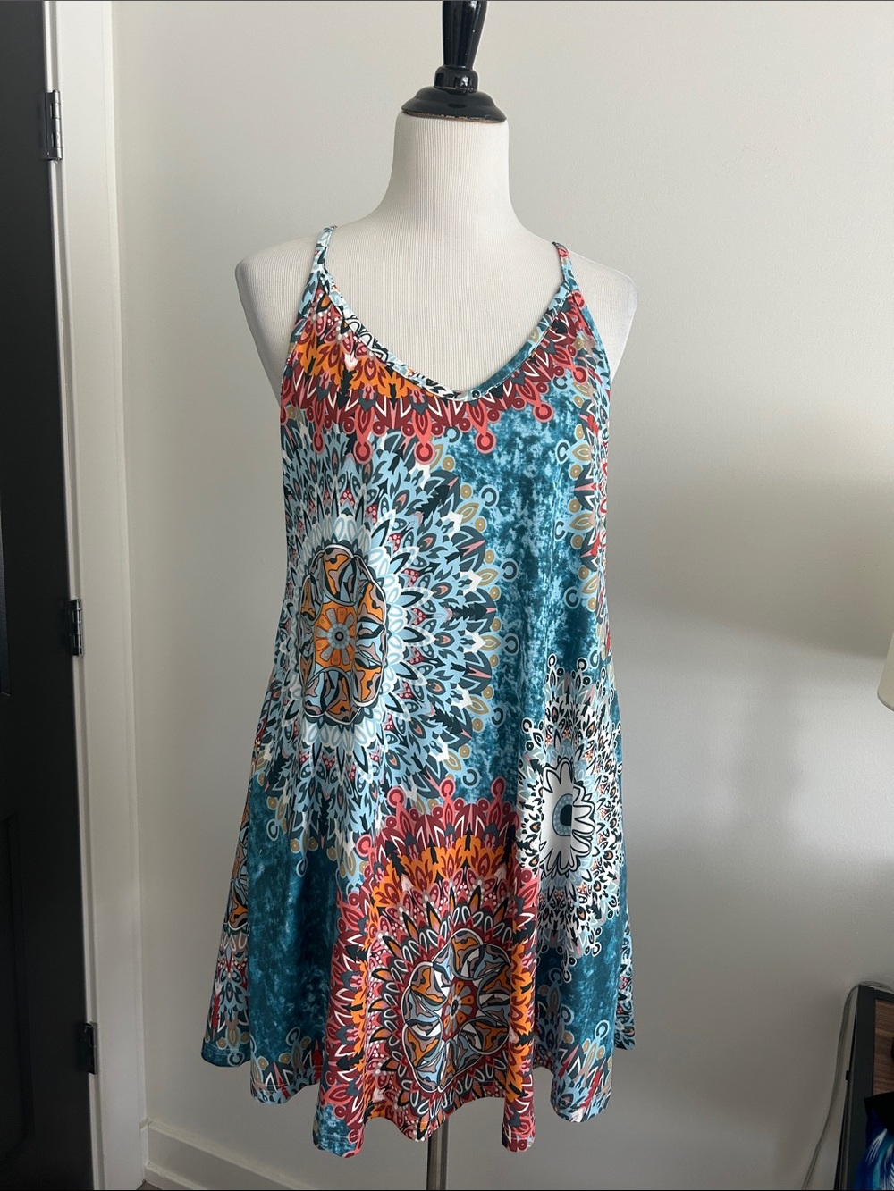 Sleeveless Boho Medallion Print mini stretchy summer Dress in Teal & Coral